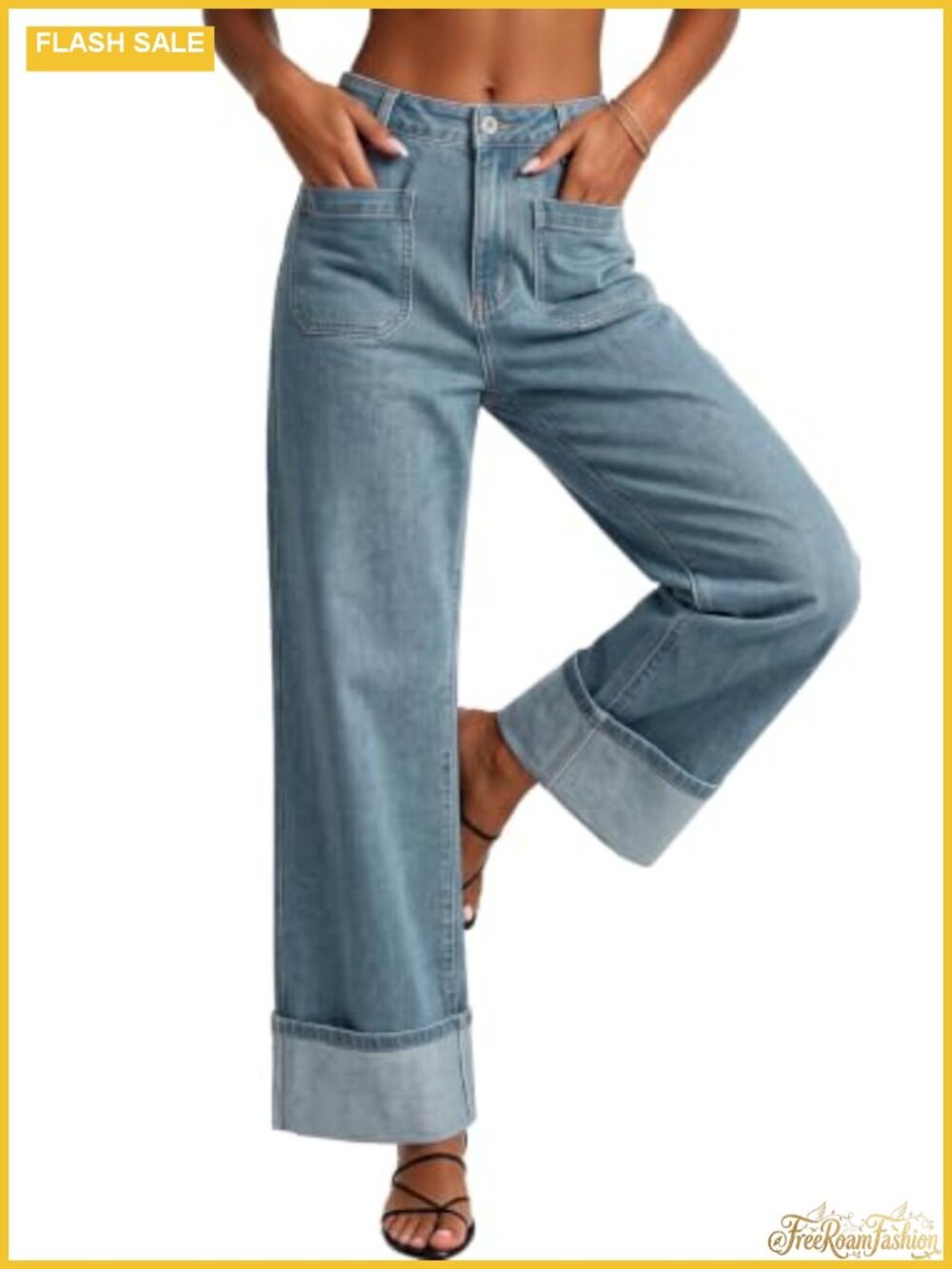 High Waisted Wide Leg Jeans Stretch Denim Cuffed Hem Casual Women